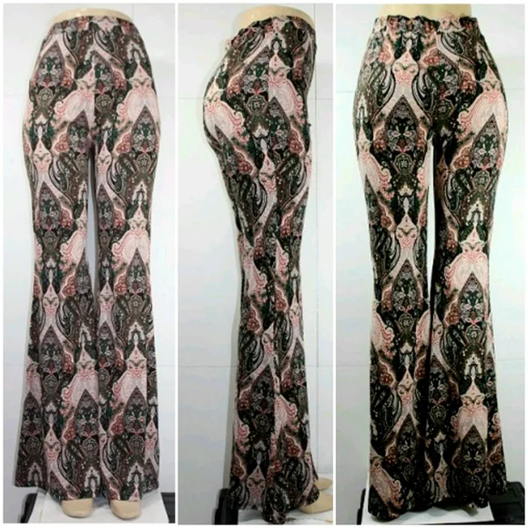 New TRIPLE SEVEN Boho Chic Print Flare Leg Pants in hunter green - Picture 2 of 9